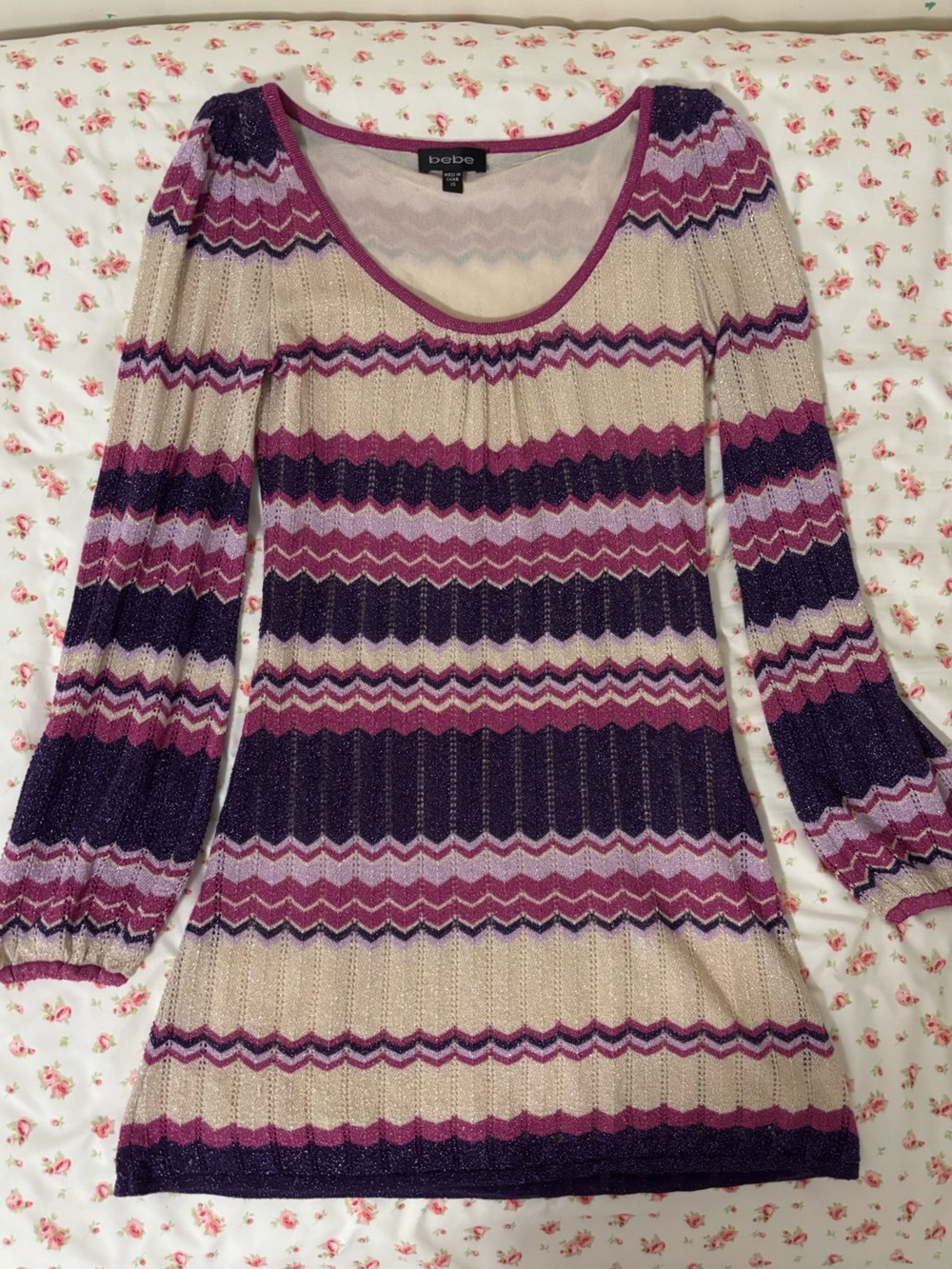 bebe Zigzag Mini Dress in Purple, Lavender and Cream